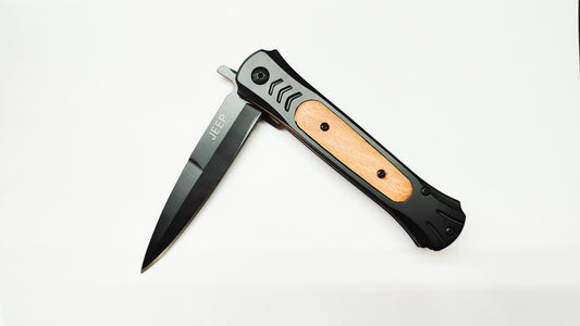 Jeep Black Metal and Wooden Handle Folding Knife - Liner Lock - 22 cm - Personalized