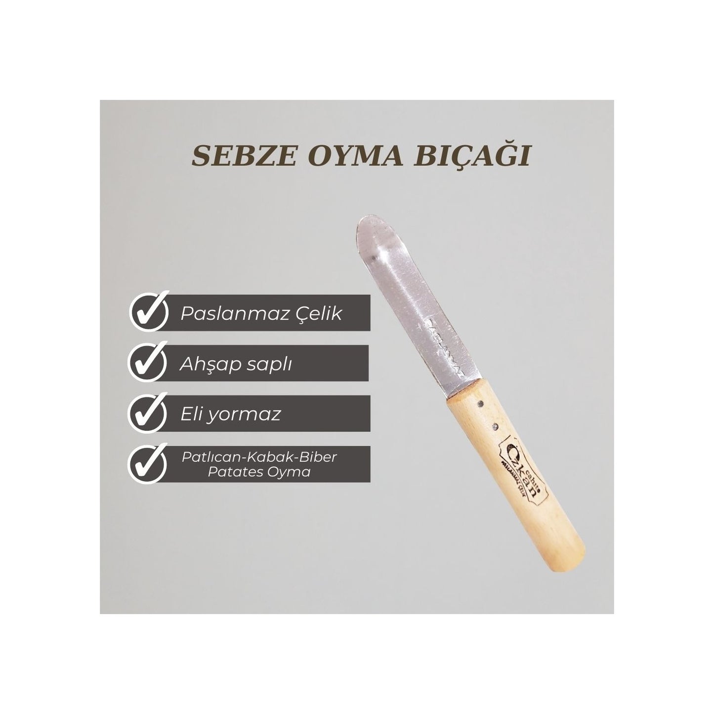 Paslanmaz Çelik Ahşap Saplı Patlıcan, Kabak, Patates, Biber Oyma Bıçağı - Oyacak